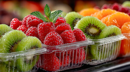 Close-up of fresh raspberries, kiwi, and orange slices in a transparent plastic box, covered in dewy moisture, ready for sale