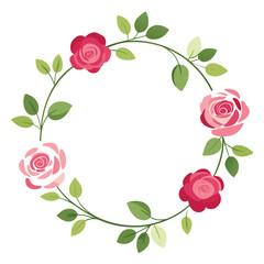 A vintage floral frame illustration with pink roses, hearts, and green leaves perfect for wedding cards or Valentine's Day