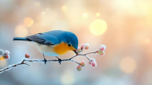 A vibrant bird perches on a frosty branch, evoking winter serenity and festive tranquility bokeh effect enhances beauty