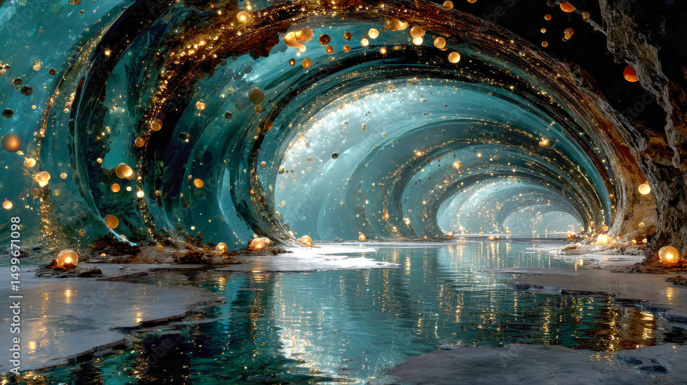 Poster futuristic glowing orbs floating in a surreal aqua tunnel with reflections and sparkles