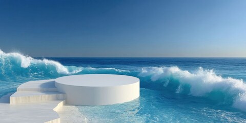 Minimal 3D Scene with Blue Water Waves and White Cylinder Podium for Product Mockups