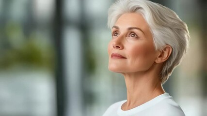 Elegant senior woman with silver hair gazes thoughtfully, symbolizing wisdom, aging gracefully, and serenity - Powered by Adobe