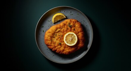 Crispy Breaded Cutlet with Lemon on Dark Plate