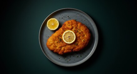 Crispy Breaded Cutlet with Lemon on Grey Plate