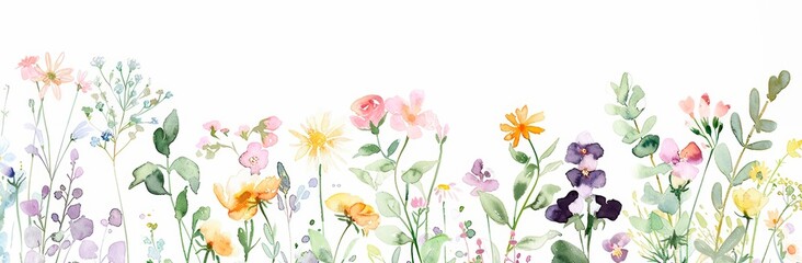 A watercolor painting of a wildflower meadow, featuring various shades and types of flowers like daisies, violets, roses, and lilies, painted in soft pastel colors against a white background.