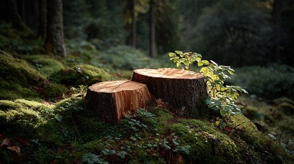 Fototapeta premium Forest floor stubs mossy and illuminated