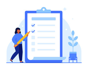 Woman holding pencil checking tasks on clipboard checklist. Productivity, organization, schedule, and task management concept. Flat vector illustration isolated on white background