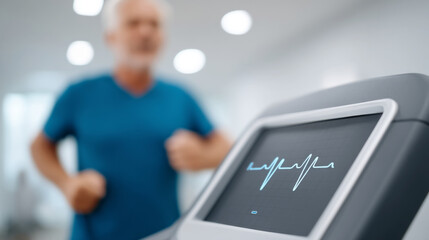 Treadmill stress test interface with animated heartbeat monitor in medical diagnostic scene
