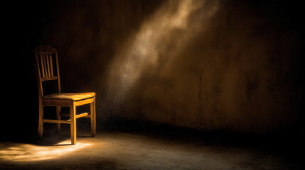 Empty wooden chair in quiet room with sunbeam through window, conveying solitude, nostalgia and melancholy. Minimalist concept of loneliness and waiting for someone.
