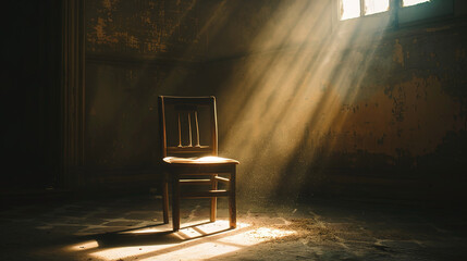 Empty wooden chair in quiet room with sunbeam through window, conveying solitude, nostalgia and melancholy. Minimalist concept of loneliness and waiting for someone.

