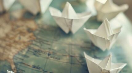 Symbolic globe with tiny paper boats floating towards country border, representing migration, global movement, and international relations concepts.
