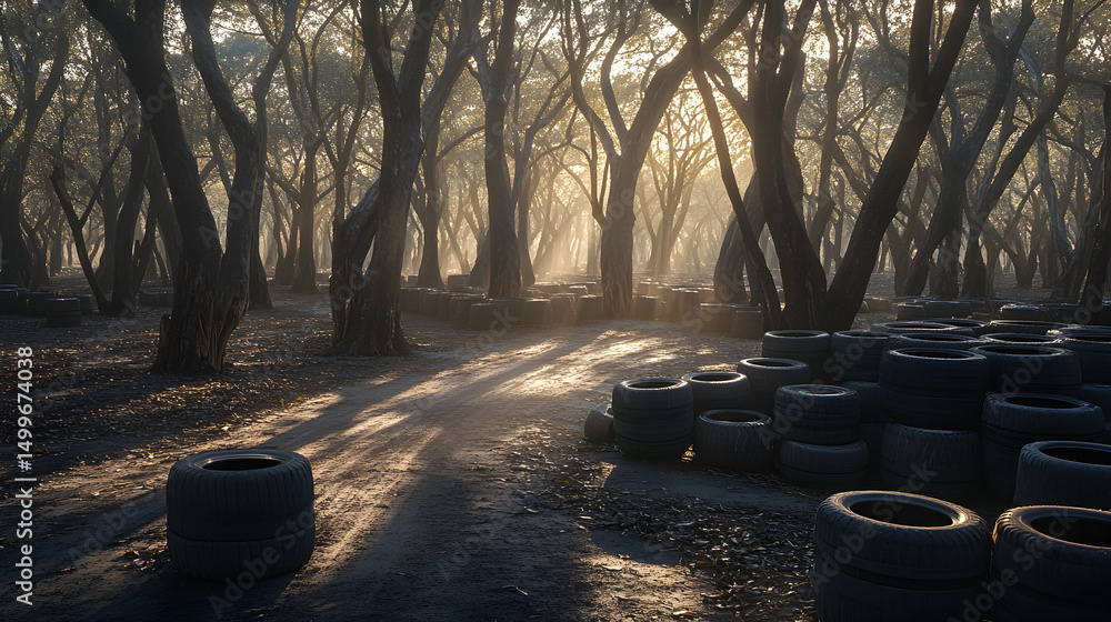 Poster Sunlit path through a forest with stacks of old tires, creating a mysterious and evocative scene.