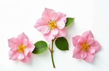 Fototapeta premium Close-up photo pink rosehip flower with green leaves on white background. Fresh natural rose bloom in studio. Beautiful floral object. Blossom with petals. Rosa, briar, dog rose. Food ingredient.