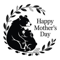Happy Mother’s Day greeting vector with woman and child silhouette and decorative floral wreath
