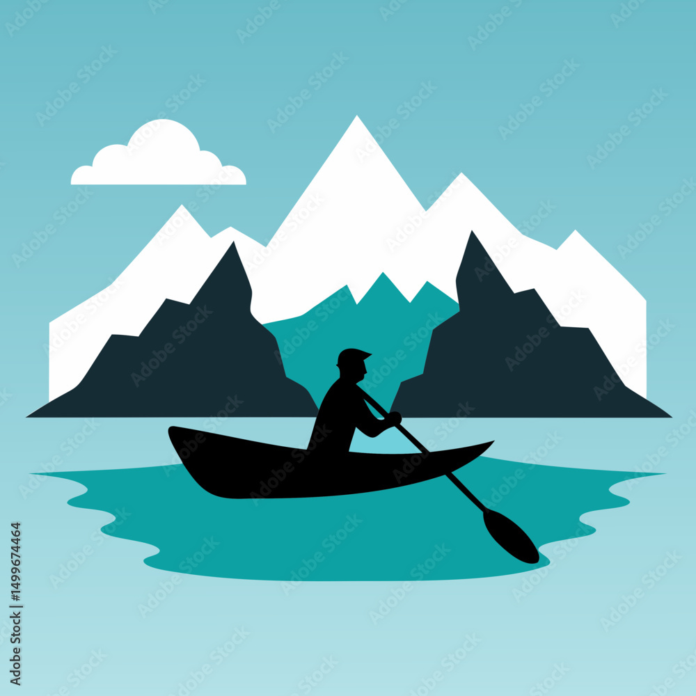 Poster silhouette of a person in a canoe on a lake with mountains and a cloud in the background in teal and