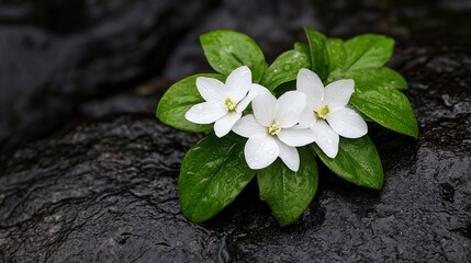 Three white trillium flowers rest upon bright green leaves on a textured dark stone surface, covered in water droplets.