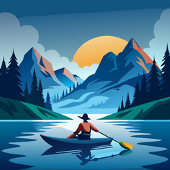 A person kayaking on a calm lake with mountains trees and a sunset in the background scenery view