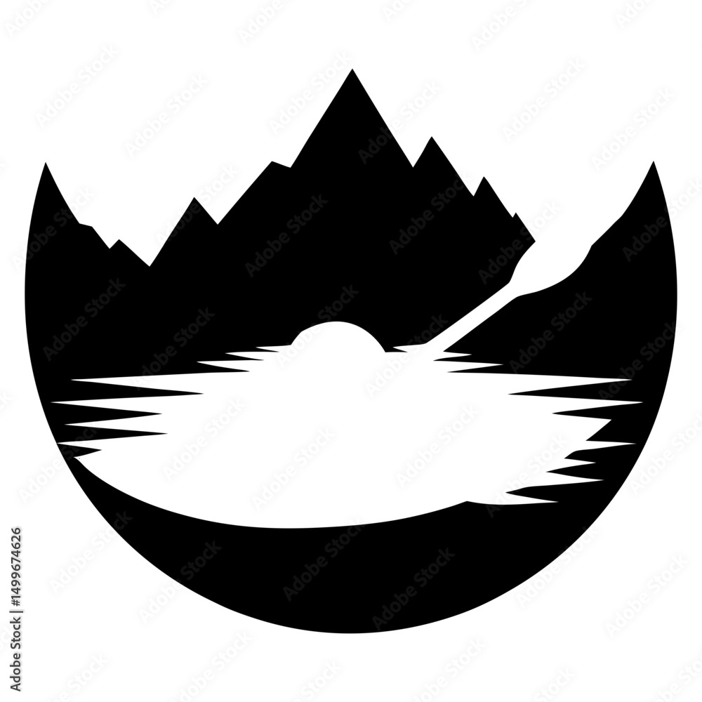 Aufkleber black and white graphic of mountains and water with a paddle in a circular frame design element