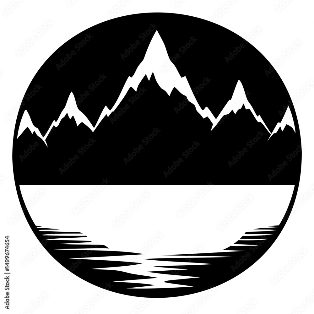 Poster a black and white circle image featuring a mountain range and water with a reflection in the foregro
