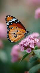 Butterfly resting on pink forest flower in tranquil nature scene