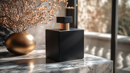 Elegant black square perfume bottle for men displayed on marble surface with golden dried flowers in soft natural lighting for product branding and mockup presentations