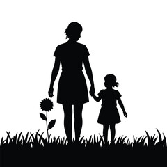 Mother and daughter holding hands outdoor silhouette with grass and sunset scene vector