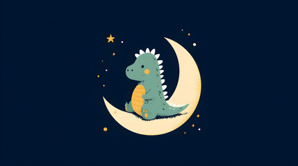 Moon Baby Cartoon Character Dinosaur, Cute Sleeping Dino on Crescent Moon, Adorable Nighttime Illustration for Nursery Art, Baby Shower Card, Kids Room Decoration, Dreamy Wall Print Design