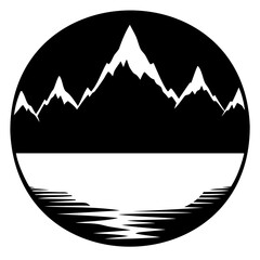 Obraz premium A black and white circle image featuring a mountain range and water with a reflection in the foreground