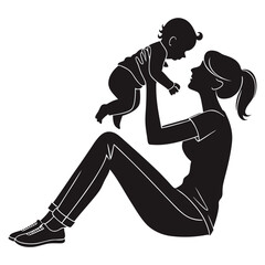 Silhouette of young mother lifting baby while sitting in joyful and affectionate pose