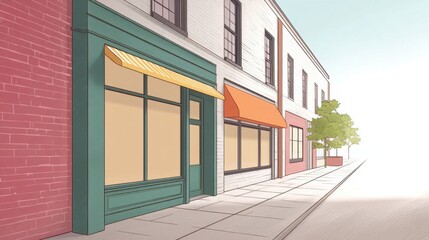 Quiet Urban Street with Colorful Shopfronts and Bright Daylight