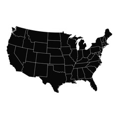 Black silhouette map of the United States with clear state boundaries and geographic layout