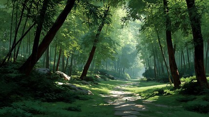 Naklejka premium Forest path bathed in sunlights embrace