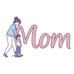Mom text with cute walking daughter illustration in a playful typography vector design