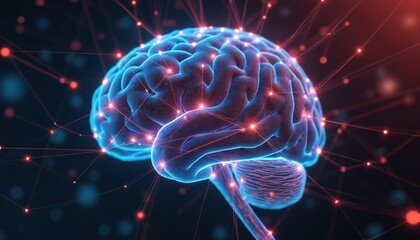 3D render of human brain with glowing lights, connected by red and blue lines. Futuristic digital network, neural connections concept. Artificial intelligence, data visualization, science and tech.