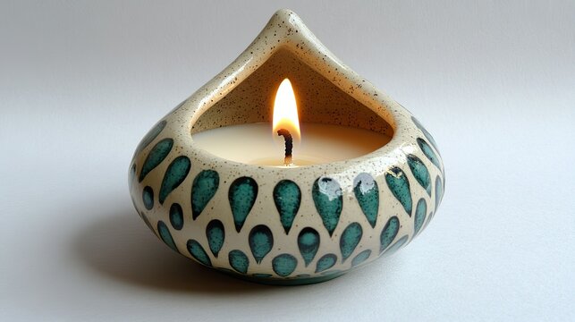Small, teardrop-shaped ceramic candleholder, cream-colored with teal-blue leaf-like patterns. A single candle with a flickering flame is inside
