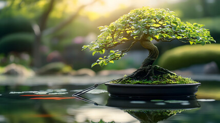 Serene bonsai tree on a tranquil pond, bathed in golden sunlight.  Peaceful garden scene, perfect for meditation and relaxation.
