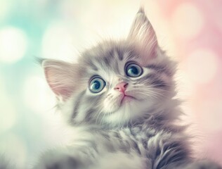 Close-up of a fluffy kitten with big, curious eyes, set against a soft, pastel-colored bokeh background