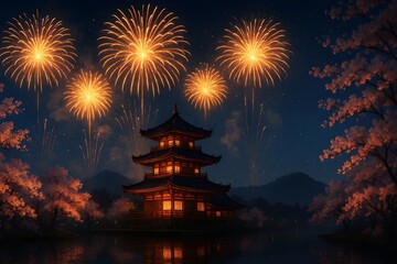 Obraz premium Illuminated Japanese Pagoda with Fireworks and Cherry Blossoms – Tranquil Hanabi Night