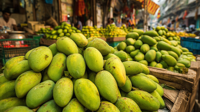 Fresh Indian Dasheri mangoes in a market stall, elongated shape with greenish-yellow skin, arranged in heaps, street vendor setup in Uttar Pradesh