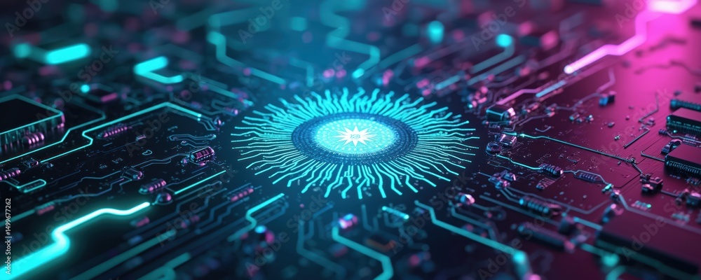 Poster futuristic neon gaming background featuring sharp angular shapes. glowing circuit board patterns in 