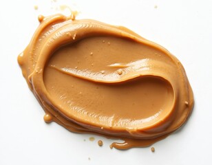 Close-up of peanut butter smear on white backdrop. Creamy spread with rough texture, natural ingredients, ideal for food blogs, recipes, breakfast, healthy snack. Perfect for product placement.