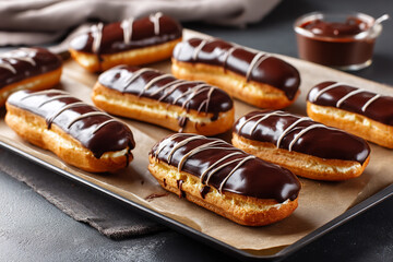 Fototapeta na wymiar Classic eclairs with glossy chocolate glaze neatly laid out on a baking sheet with baking paper