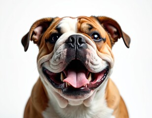 Fototapeta premium Cheerful bulldog portrait, isolated white background. Cute dog shows happy face, tongue out. Pet dog, friendly look for veterinary clinic, pet shop. Adorable friend concept.