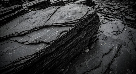 Detailed close up view of layered dark grey slate rock formation with textured stone surfaces