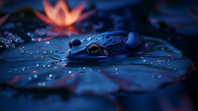 Serene nighttime scene featuring a dark blue frog resting on a water lily pad, illuminated by soft orange light.  Water droplets glisten on the pad's surface.