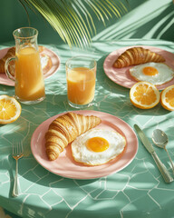Delicious Breakfast with Croissant, Fried Egg, and Orange Juice