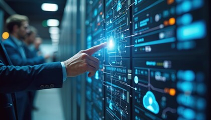 Engineers managing data servers, cloud computing tech. Hand touches digital interface, analysing infrastructure, efficient server room environment. Secure data storage, virtualization, data