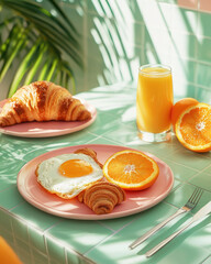 Delicious Breakfast Spread with Croissants, Orange, Egg and Juice