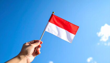 Hand holding an Indonesian flag for celebrating independence day.