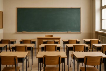 Empty classroom with desks and a blackboard